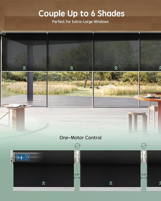 Yoolax Smart Coupled Solar Shades Compatible with Alexa, Motorized Blinds with Remote Flame Retardant Coupled Roller Shades for X-Large Windows, Custom Size (XL - 5% Openness Black)