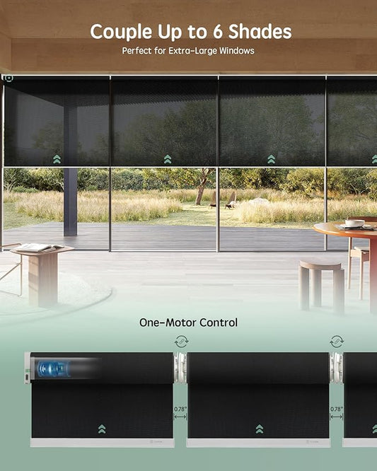 Yoolax Smart Coupled Solar Shades Compatible with Alexa, Motorized Blinds with Remote Flame Retardant Coupled Roller Shades for X-Large Windows, Custom Size (XL - 5% Openness Black)