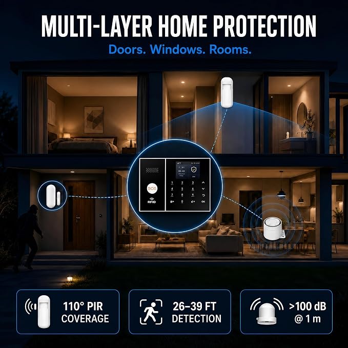 XUK 4G/GSM/Wi-Fi Alarm System for Home Security, 24-Piece Kit | Works with Alexa & Google Home | SOS button | Door & PIR motion sensors | For houses & apartments