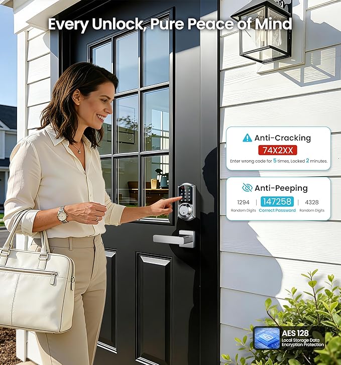 Veise VE07-L Fingerprint App Control Smart Locks with Heavy-Duty Zinc Alloy Handles, Keyless Entry for Front Door, Digital Electronic Touchscreen, Auto Lock, Waterproof, Easy Install, Satin Nickel