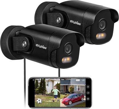 LaView 2K Security Camera Outdoor with Color Night Vision,3MP Wired Cameras for Home Security,IP65 Waterproof Camera, 24/7 Live Video,2 Way Audio,Cloud Storage/SD Slot,Compatible with Alexa(2pcs)