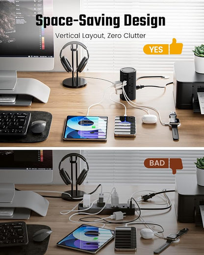 SUPERDANNY Tower Power Strip, 20Ft Extension Cord, 1700J, 12 AC 5 USB,Black | 3 USB A, 2 USB C, Surge Protector Power Tower, Flat Plug, Desk Charging Station with Multiple Outlets, Home Office Dorm Room