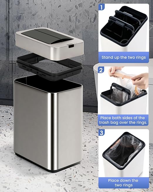 ELPHECO Slim Bathroom Trash Can with Lid 2.6 Gallon Smart Trash Can Silver