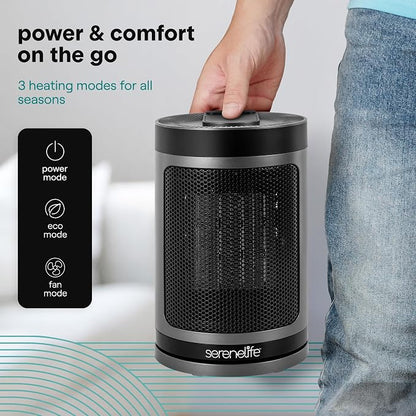 SereneLife Smart Space Heater – 1500W Indoor Electric Heater with Thermostat, Remote Control, 12-Hour Timer, Wi-Fi Enabled PTC Ceramic Heating for Home and Office, Gray (5.9" x 5.9" x 9.5")