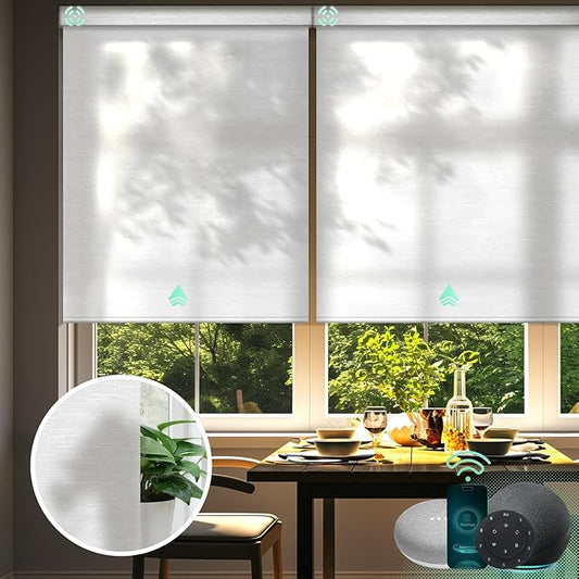 Yoolax Motorized Blinds with Remote, Light Filtering Smart Blinds Work with Alexa, Google, Automatic Roller Shades for Windows, Custom Electric Shades for Living Room Office (Jacquard White)