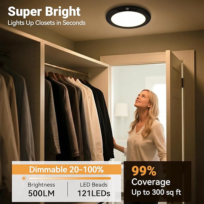 Black Wireless Rechargeable Ceiling Light - Motion Sensor Night Light Indoor with Remote, Battery Operated Led Lights for Bedroom Hallway, Living Room, Bathroom, Home & Kitchen Decor Lighting (6)