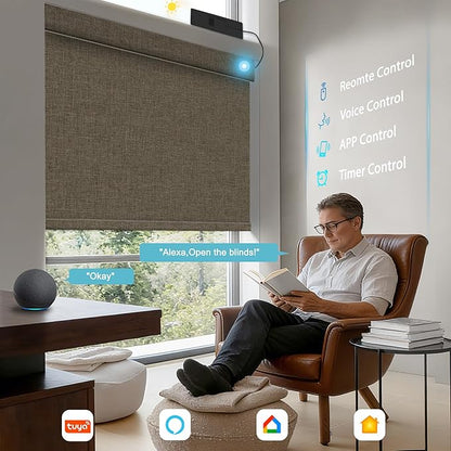 BERISSA Smart Motorized Blinds with Remote,No Drill Automatic Roller Blinds for Indoor Windows,Blackout Linen Fabric,Electric Shades for Windows Home Office,Linen Brown,Custom Size