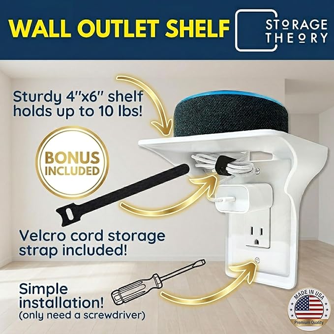 BeraTek Power Perch Wall Outlet Shelf with Cord Storage - Space Saving Organizer for Apple HomePod Mini, Alexa Devices Holder for Mom - White, 1-Pack