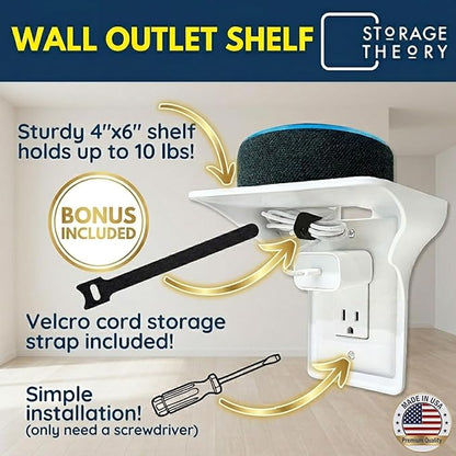 BeraTek Power Perch Wall Outlet Shelf with Cord Storage - Space Saving Organizer for Apple HomePod Mini, Alexa Devices Holder for Mom - White, 1-Pack