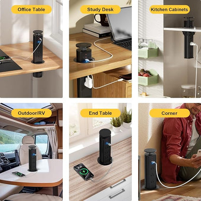 Kungfuking Pop Up Outlet for Countertop, Socket with 3 AC Outlets & 2 PD 20W USB-C & 1 USB-APorts, Pull Power Kitchen Conference Office, 3-3/8 Inch(85MM) Hole Grommet Strip, Dark Black