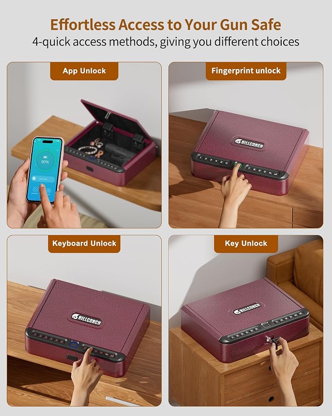 BILLCONCH Smart Gun Safe for Handgun with Fingerprint, App & Security Cable | Biometric Gun Safe 4 Ways Quick Access Built-in LED Light, Ideal Handgun Safe for Nightstand and Home - Burgundy Red