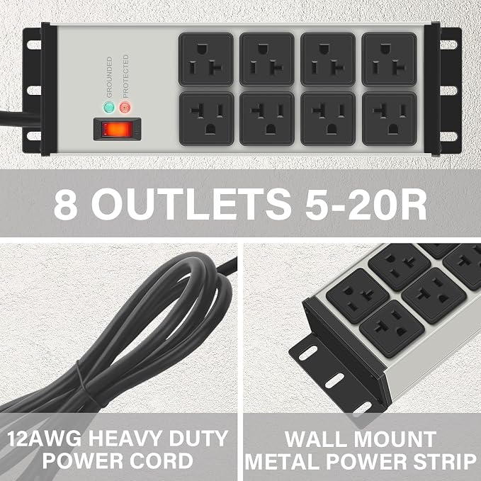 CCCEI 2PCS 12 Gauge Heavy Duty Power Strip, 8 Ports. Grey, 15FT.