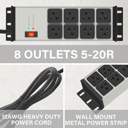 CCCEI 2PCS 12 Gauge Heavy Duty Power Strip, 8 Ports. Grey, 15FT.