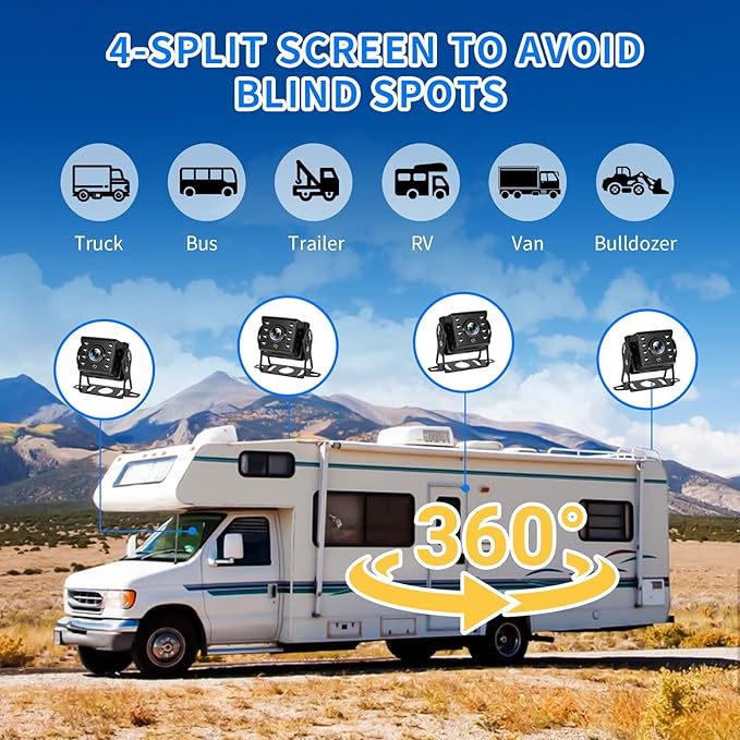 10.36'' 4K RV Backup Camera System with 4 1080P Cameras, Built-in DVR Loop Recording, Bluetooth MP5, Night Vision, IP69 Waterproof for Truck Trailer Camper