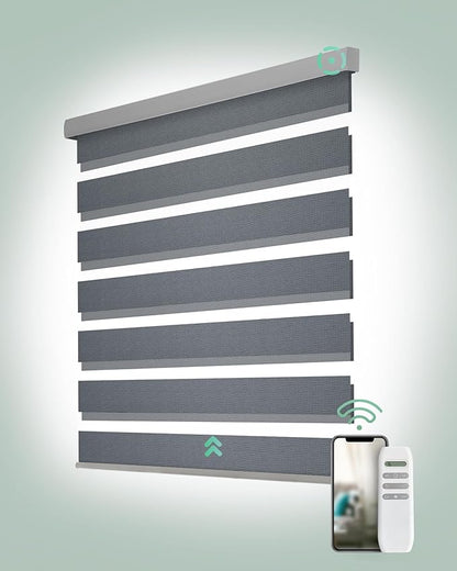 Yoolax Motorized Zebra Blinds, Remote Zebra Shades for Indoor Windows, Motorized Shades with Remote Light Control Horizontal Window Blinds Custom Size(100% Blackout Mesh Silver)