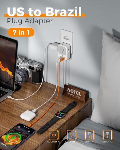 TESSAN Brazil Plug Adapter 2 Pack, 7 in 1 US to Brazil Power Adapter