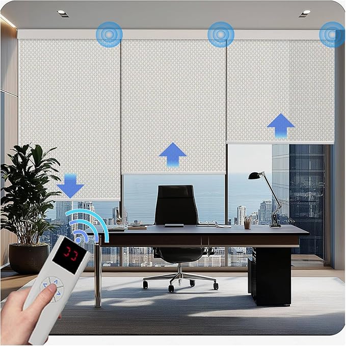 Motorized Blinds with Remote Cordless Automatic Motorized Shades Custom Blinds for Windows Smart Curtains Compatible with Alexa Google Home(1% Solar White,Custom Size)