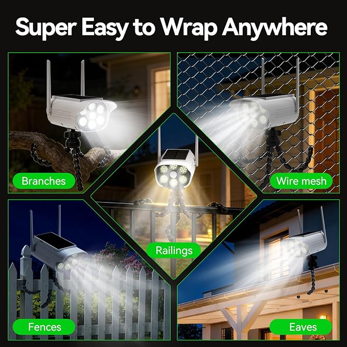 Fake Security Camera Solar Light, Outdoor Dummy Camera Solar Powered Light with 3 Mounts (Magnetic, Clip, Octopus), Easy Install for Eaves, Fence, Wall, Glass & Metal Surfaces