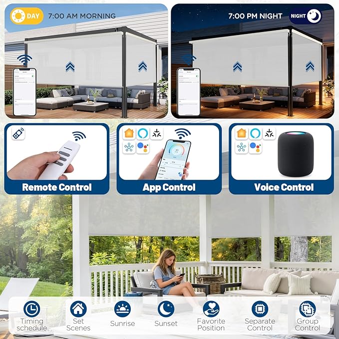 Motorized Outdoor Shades, Custom Patio Roller Blinds with Remote, Smart Exterior Sun Shades Compatible with Alexa, HomeKit, Google Home (1% Openness Sliver)