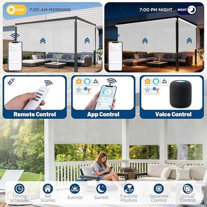 Motorized Outdoor Shades, Custom Patio Roller Blinds with Remote, Smart Exterior Sun Shades Compatible with Alexa, HomeKit, Google Home (1% Openness Sliver)