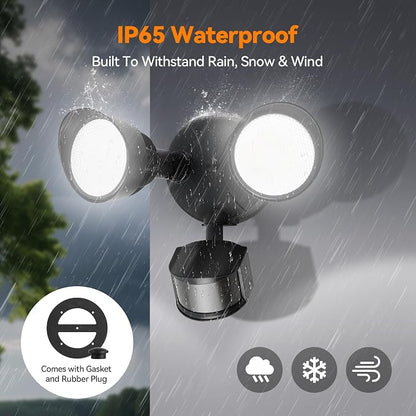 45W 5500LM PIR Motion Sensor Outdoor Lights, Dual Head LED Flood Light, 5000K Daylight, IP65 Waterproof Hardwired Dusk to Dawn Motion Detector Security Light for Outside Garage Yard (Black)