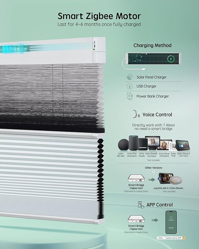 Yoolax Smart Motorized Day and Night Cellular Shades with Remote, Top Down Bottom Up Blinds Compatible with Alexa, Honeycomb Blinds (Black Light Filtering+White Blackout)