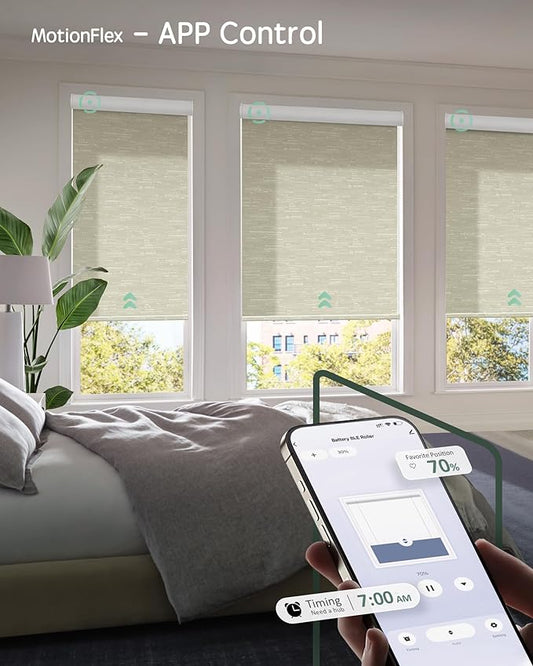 Yoolax Motorized Shades Dual Control, MotionFlex Motorized Roller Shades with App & Manual Control, Pull Down Automatic Shades for Indoor Windows, Custom Size(Light Filtering Jacquard Coffee)
