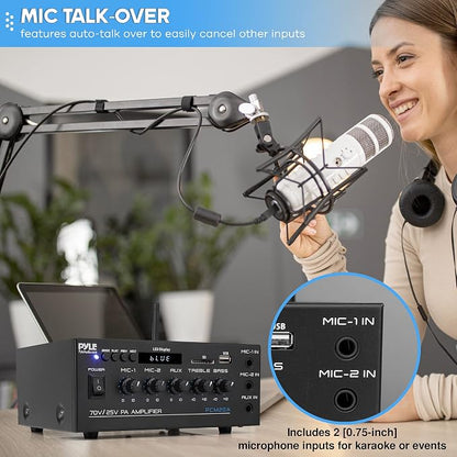 Pyle Compact Mini Home Power Amplifier - 40W Smart Small Audio Stereo Receiver w/AUX, 2 Microphone in, COM/8-Ohm/25V/70V Speakers, LED, Input Selector, for PA, Amplified Speaker Sound System PCM20A.5 | COM/8-Ohm/25V/70V Connect, LED Display - PCM20A.5