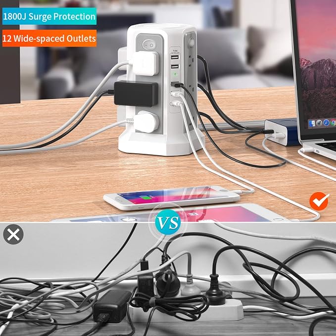 2PS Surge Protector Power Strip Tower 10FT（4A1C with PD18W USB C Port