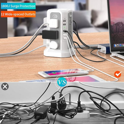 2PS Surge Protector Power Strip Tower 10FT（4A1C with PD18W USB C Port