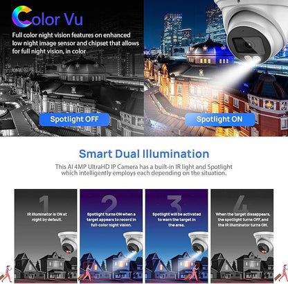 VIKYLIN 4MP Full Color Night Vision Security IP POE Camera Outdoor with AI Human & Vehicle Detection,Active Deterrence, Built-in Microphone,SD Card Slot (256GB),IP67,2.8mm Lens 129° FOV, 4MP@30fps