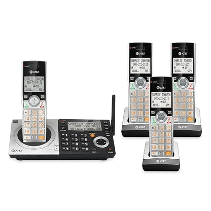 AT&T CL83407 DECT 6.0 4-Handset Cordless Phone with Dual Keypad Base, Smart Call Blocker, Caller ID Announcer, Answering Machine, Intercom & Long Range - Silver/Black