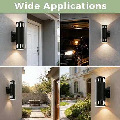 Modern Outdoor Wall Lights 2 Packs, 12'' Up and Down LED Cylinder Wall Mount Fixture, 23W 3000K Warm White IP65 Waterproof Exterior Wall Sconces for Porch, House, Garage, Patio, Black