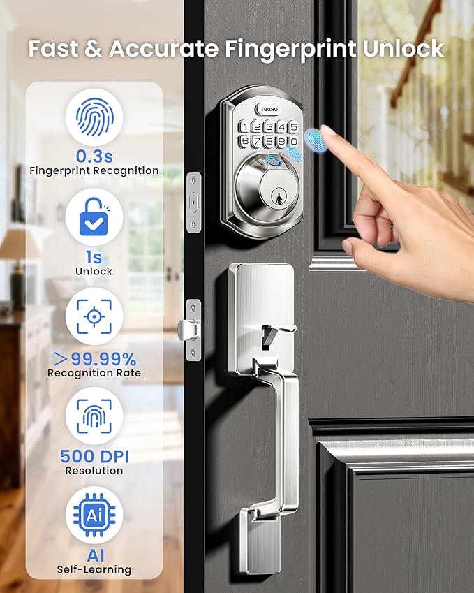 TEEHO TE012W-H WiFi Keypad Door Lock with Handle Set, Fingerprint Smart Locks, Front Door Keyless Entry, APP Remote & Voice Control, Digital Deadbolt with 2 Keys, Auto-Lock, Easy Install, Satin Nickel