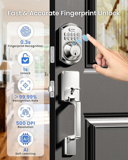 TEEHO TE012W-H WiFi Keypad Door Lock with Handle Set, Fingerprint Smart Locks, Front Door Keyless Entry, APP Remote & Voice Control, Digital Deadbolt with 2 Keys, Auto-Lock, Easy Install, Satin Nickel