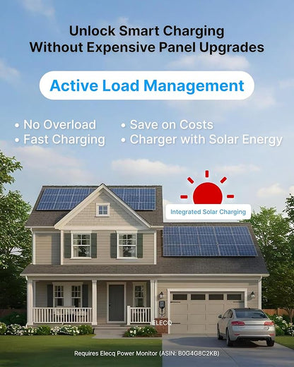 Hardwired L2 EV Charger + Power Monitor, Smart Energy Management for Home EV Charging, Active Load Management & Solar Charging Mode to Save on Costly Electrical Upgrades, Wi-Sun Connectivity