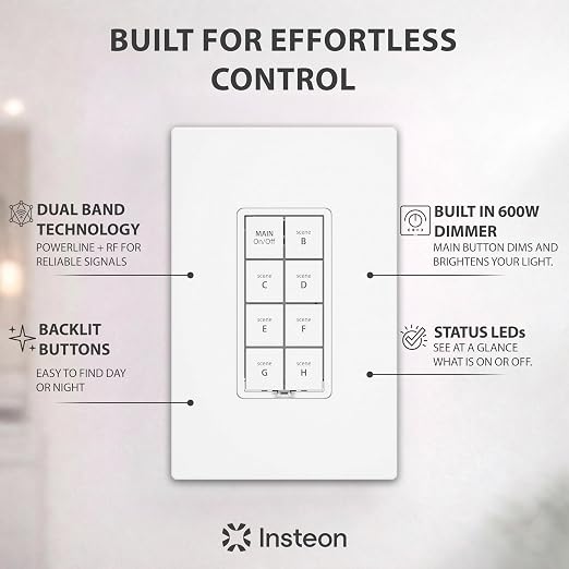 INSTEON 2334-222 Keypad Dimmer Switch (Dual-Band), 8-Button, White | Controls Up to 7 Devices, 150W LED, Dual-Band Smart Switch, Neutral Wire Required, Hub Required for Alexa & Google Assistant