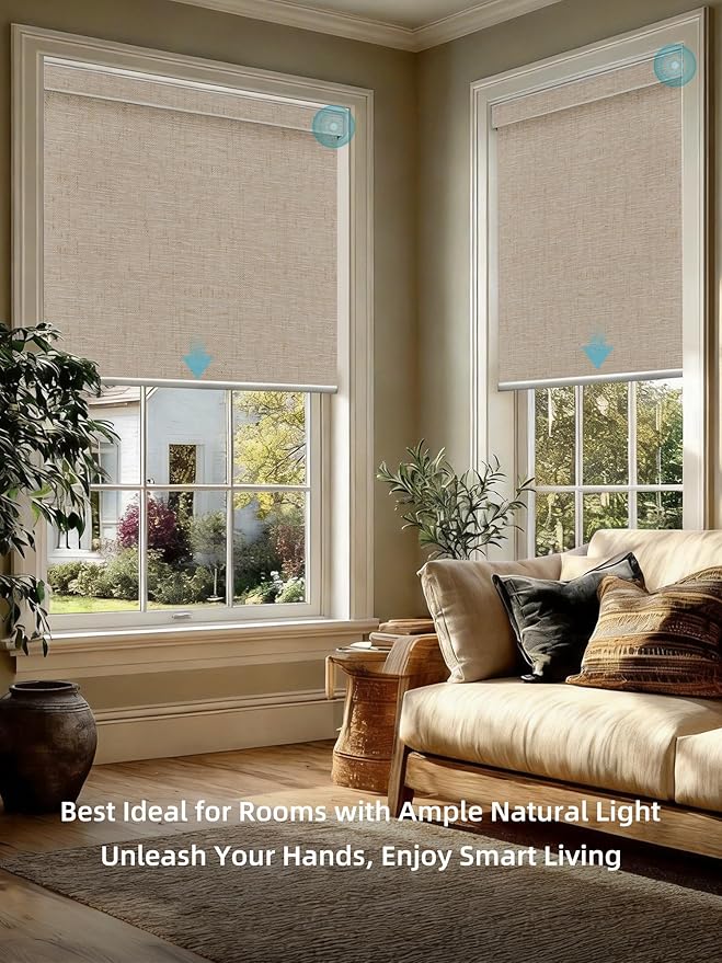 SmartWings Motorized Smart Blinds with Remote, Custom Automatic 100% Blackout Roller Shade Compatible with Alexa/Homekit/Google, Electric Smart Blinds for Indoor Windows, Linen Caramel