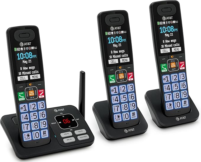 AT&T Cordless Phone, Landline Phones for Home with Smart Call Blocker, 3 Handsets Bluetooth Phone, Large Color Display, Big Buttons, Long Range, Digital Answering System: BL108-3 (Charcoal & Silver)