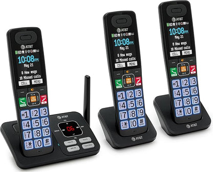 AT&T Cordless Phone, Landline Phones for Home with Smart Call Blocker, 3 Handsets Bluetooth Phone, Large Color Display, Big Buttons, Long Range, Digital Answering System: BL108-3 (Charcoal & Silver)