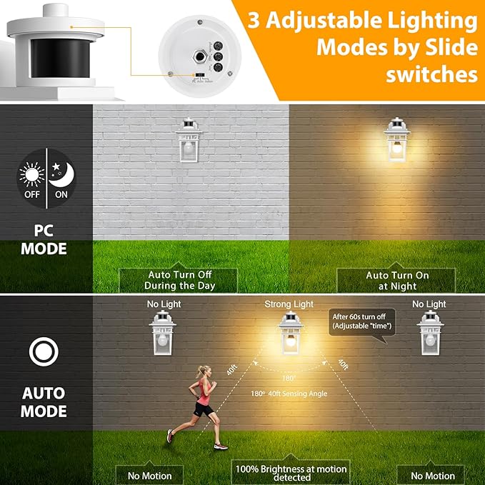 2 Pack Porch Lights with GFCI Outlet, White Dusk to Dawn Motion Sensor Outdoor Light, 3-Mode Wall Exterior Lighting Fixture, Waterproof Outside Lights Sconce for House Front Door Patio