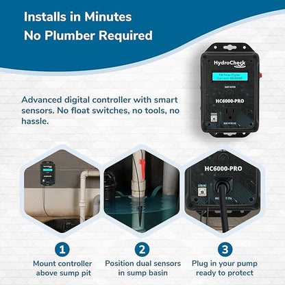 HC6000-PRO Smart Sump Pump Float Switch & Performance Monitor w/Data Tracking, LCD Screen Display Real-Time Information, Built-in Alarms, & Dual-Sensors for Optimal Efficiency, Made in USA
