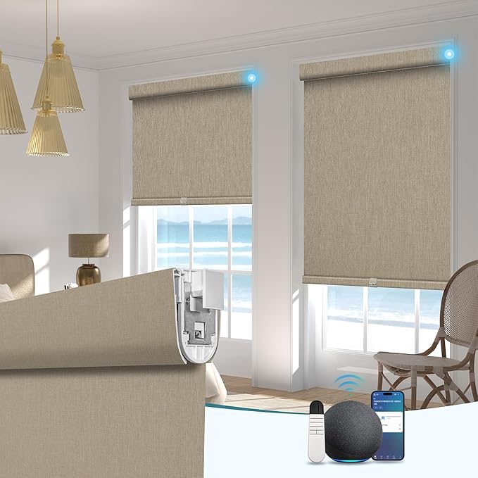 BERISSA Smart Motorized Blinds with Remote,No Drill Automatic Roller Blinds for Indoor Windows,Blackout Linen Fabric,Electric Shades for Windows Home Office,Double-Sided Brown,Custom Size