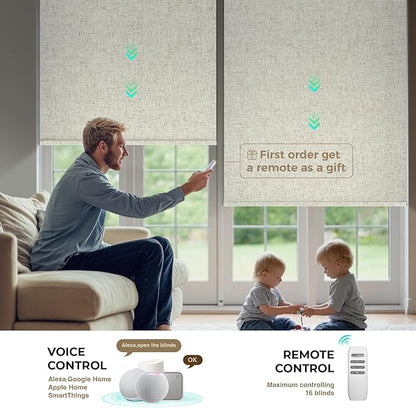 HeyBlinds Motorized Blinds with Remote, 100% Blackout Smart Blinds, Automatic Shades for Windows Compatible with Alexa Google and Homekit, Custom Size(Nature-Oatmeal BO)