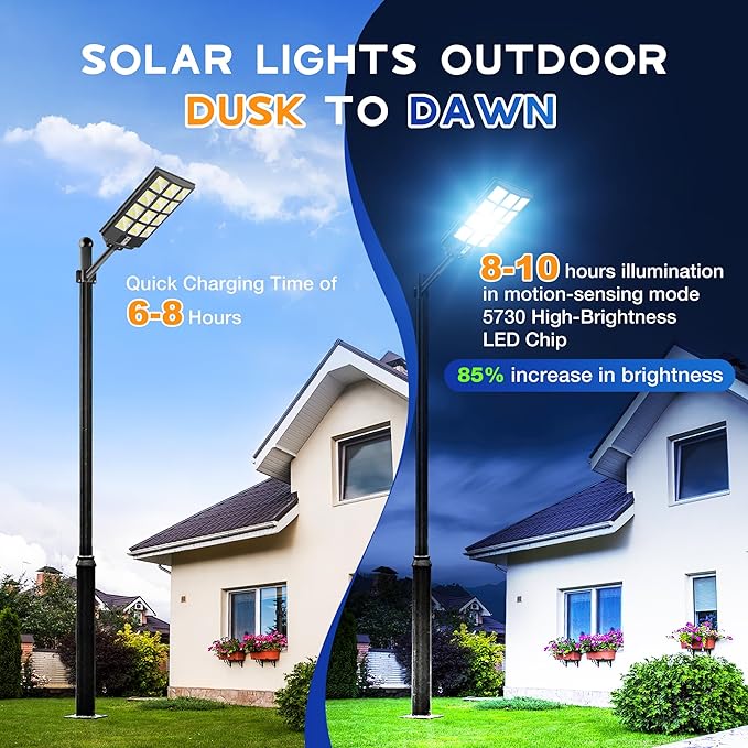 OKPRO 8000W Solar Street Light Outdoor, IP66 Waterproof Solar Lights Outdoor with Motion Sensor & Remote, Dusk to Dawn Commercial Security Lighting for Parking Lot, Yard, Farm, Driveway (2 Pack)