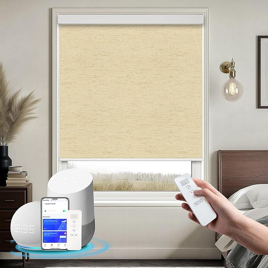 Motorized Blinds with Remote Cordless Automatic Motorized Shades Custom Blinds for Windows Smart Curtains Compatible with Alexa Google Home(Blackout Linen Soft Dunes,W45 x H72in)