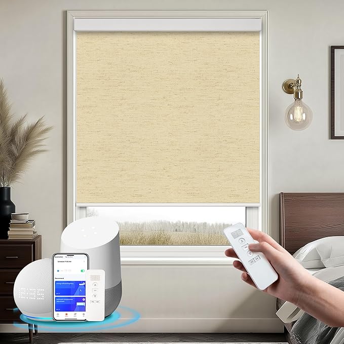 Motorized Blinds with Remote Cordless Automatic Motorized Shades Custom Blinds for Windows Smart Curtains Compatible with Alexa Google Home(Blackout Linen Soft Dunes,W65 x H72in)