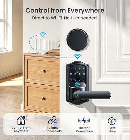 Veise VE029-E Wi-Fi Smart Lock with Handle & Non-Keyed Deadbolt, Fingerprint Keyless Entry Lock for Front Door, APP Remote Control, Keypad Electronic Digital Knob, IP65 Waterproof, Matte Black