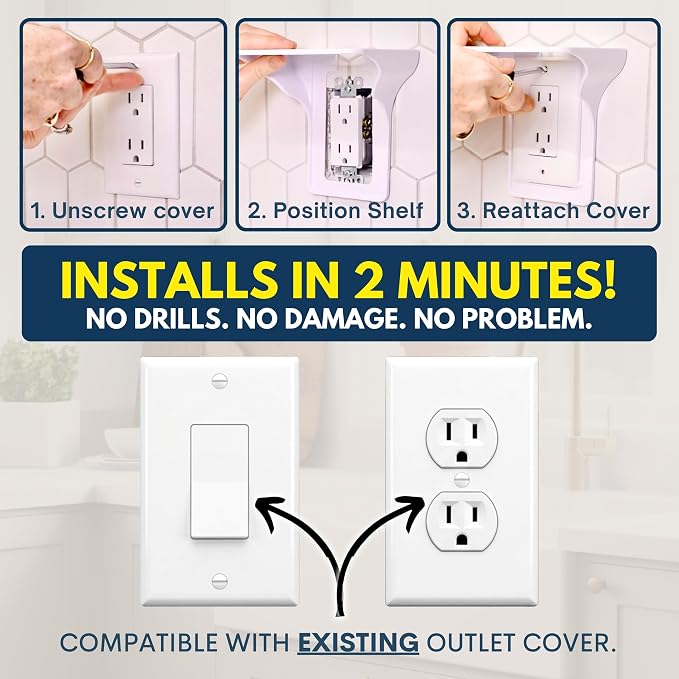 Power Perch Outlet Shelf Organizer for Alexa Echo Dot, HomePod Mini Speakers, Phone - Wall Outlet Holder with Cord Storage Strap - Socket Shelf Bathroom Kitchen Counter Charging Station - White 2 Pack