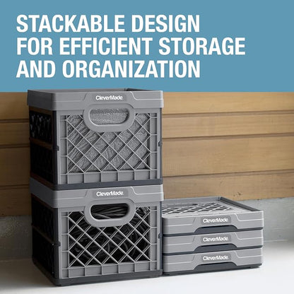 CleverMade Collapsible Milk Crate (EcoCrate) - 25L - Stone (3PK) | Organize Files, Groceries, and Gear in One Crate | Built-In Rails Hold Letter Folders, While the Frame Stacks Securely